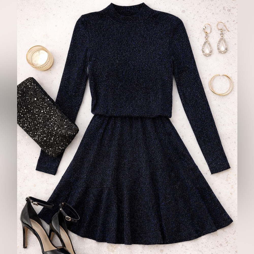 City Studios Mock-Neck Blouson Fit & Flare Dress Black Cobalt S NWT - Picture 4 of 6
